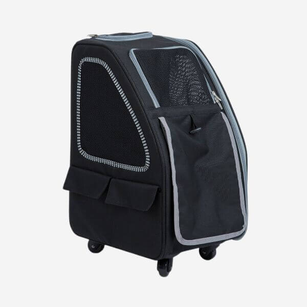 Petique 5-in-1 dog carrier in black with black and white trim. Mesh windows and side pockets.