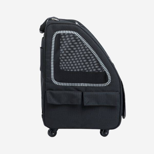 Side view of Petique 5-in-1 dog carrier in black with black and white trim. Large mesh window and two side pockets. 