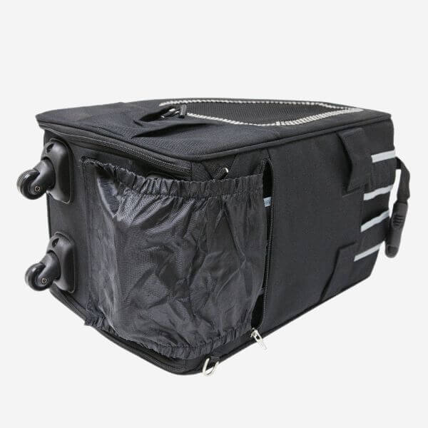 Bottom view of Petique 5-in-1 dog carrier featuring wheels.