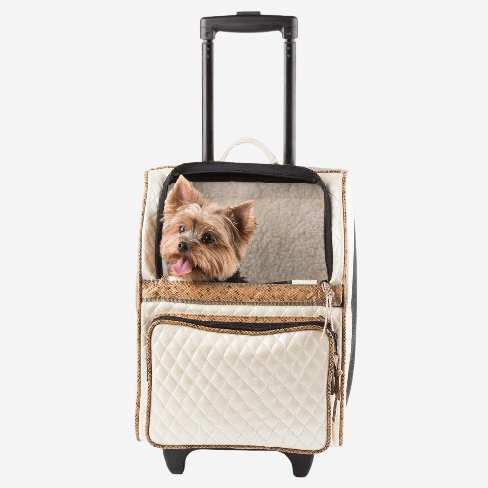 Petote Rio Classic dog carrier carry-on luggage featuring a Terrier inside bag with it's head peaking out.