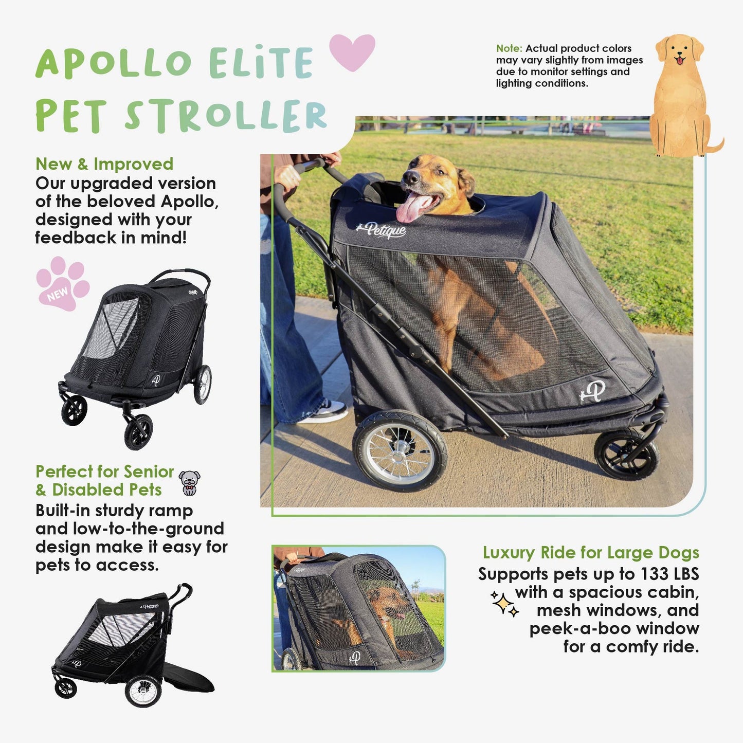 Petique Apollo Elite Pet Stroller for Large Dogs: Sturdy Ramp, Low to Ground, Air-Filled Bike Tires, Peek-a-Boo Window Folds Compact, Convertible Canopy, For Large & Multiple Dogs, Supports up to 133 LBS