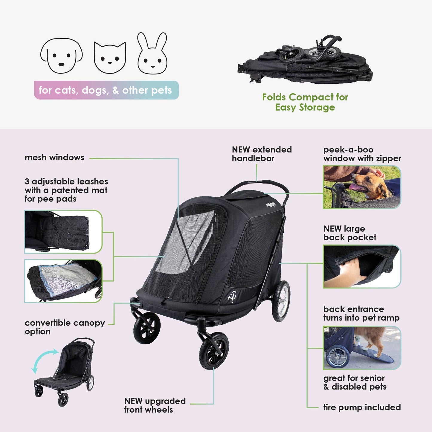 Petique Apollo Elite Pet Stroller for Large Dogs: Sturdy Ramp, Low to Ground, Air-Filled Bike Tires, Peek-a-Boo Window Folds Compact, Convertible Canopy, For Large & Multiple Dogs, Supports up to 133 LBS