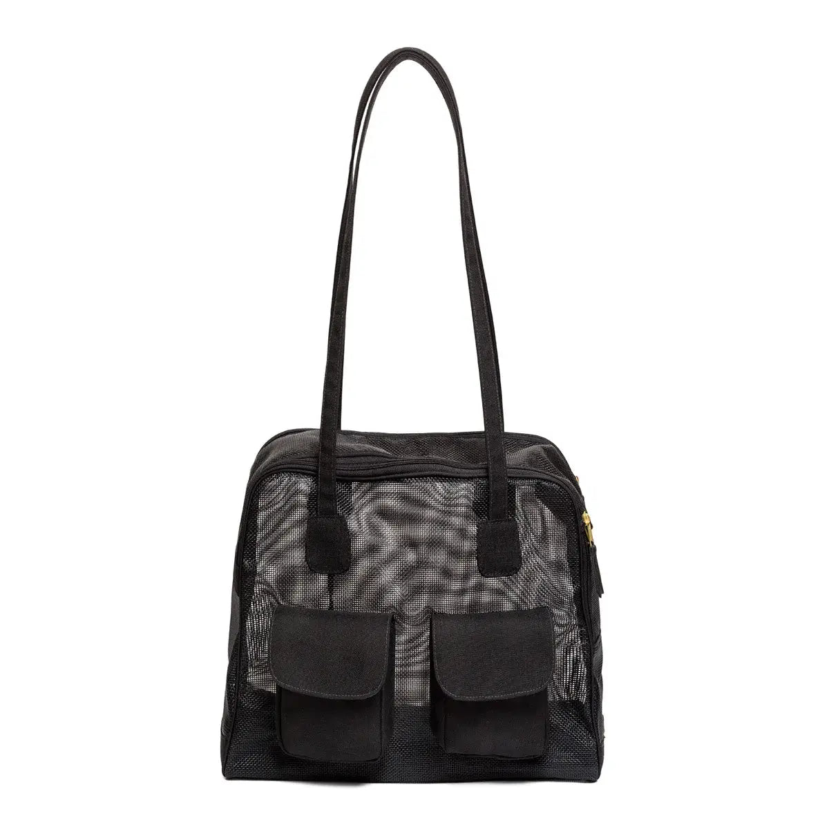 Canine Styles modern dog carrier made of see through black mesh. Over the shoulder pet purse with two front pockets made of black canvas.