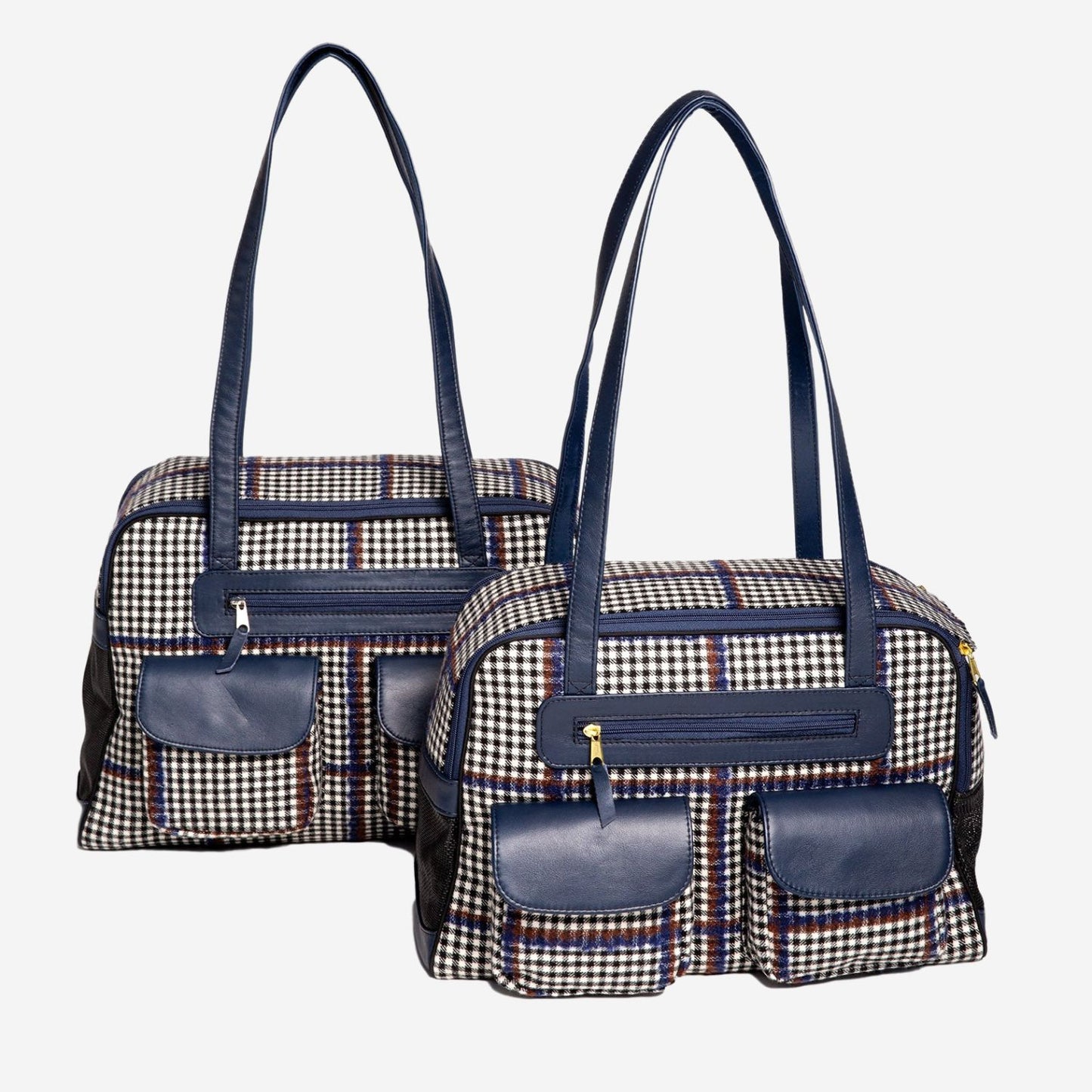 Canine Styles Wool Plaid Dog Carrier with Blue Leather Trim - Airline Approved