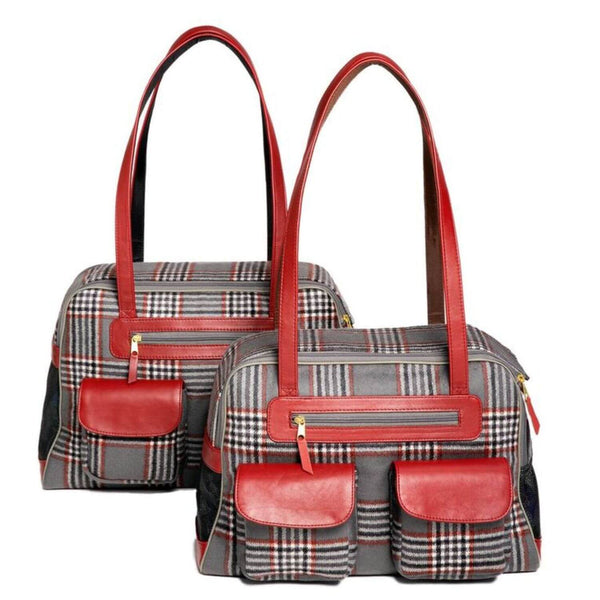 Canine Styles Cashmere Plaid Dog Carrier with Red Leather Trim - Airline Approved