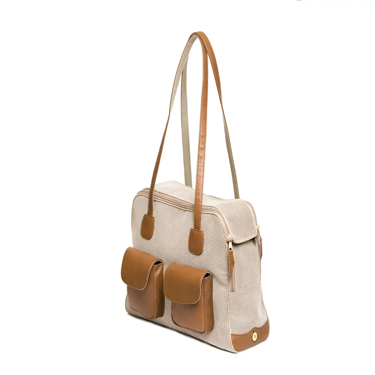 Canine Styles modern and chic dog carrier in beige with tan leather pockets.