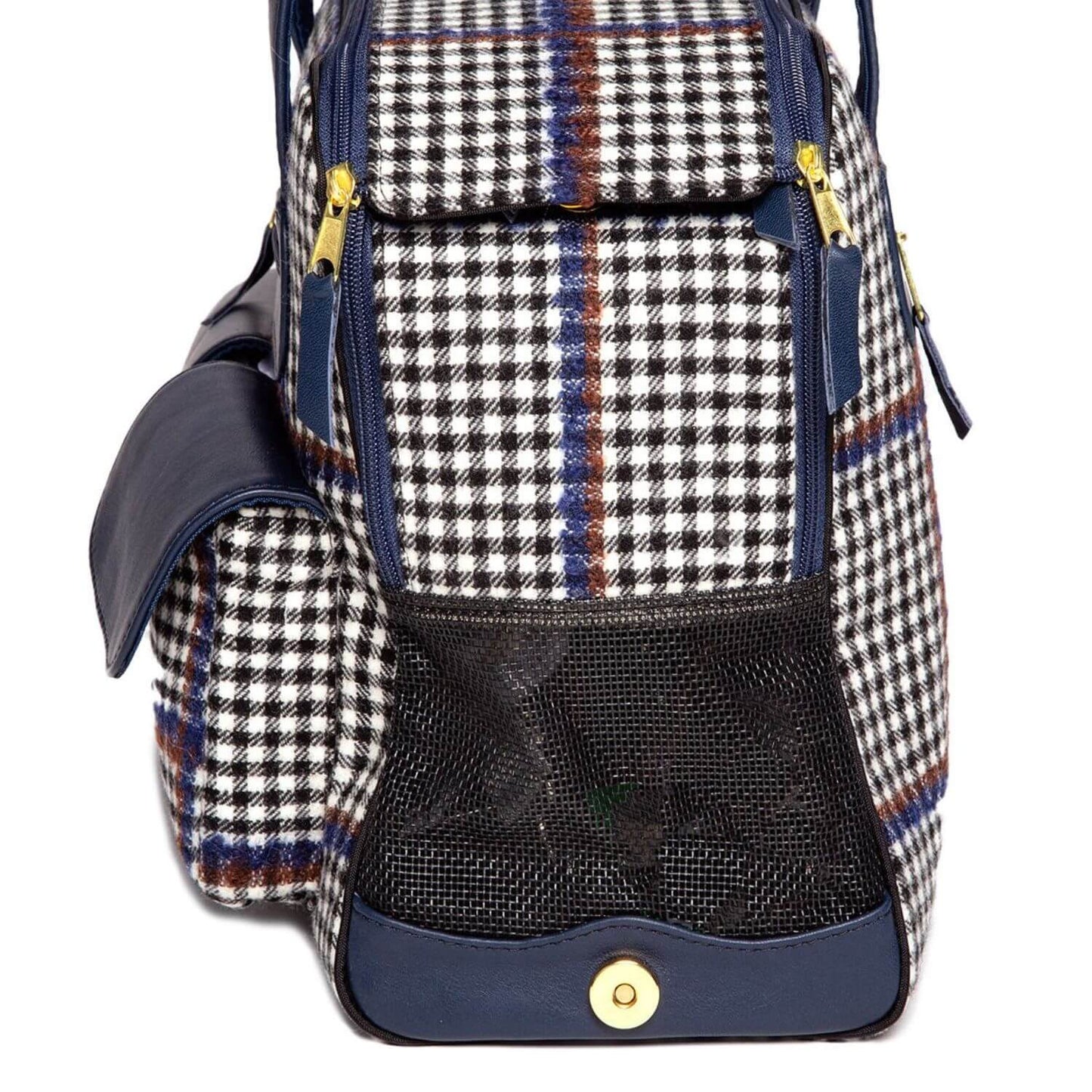 Canine Styles Wool Plaid Dog Carrier with Blue Leather Trim - Airline Approved