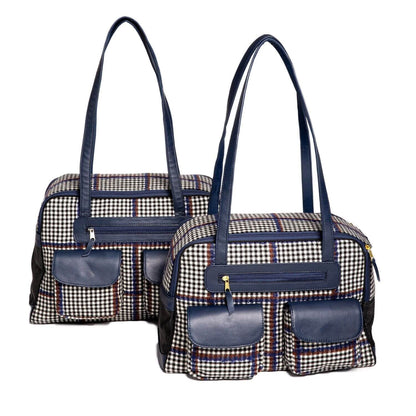 Canine Styles Wool Plaid Dog Carrier with Blue Leather Trim - Airline Approved