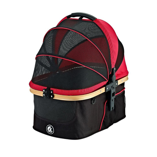 Removable dog carrier used at car seat for dogs made by Enzo Monza in red and black.