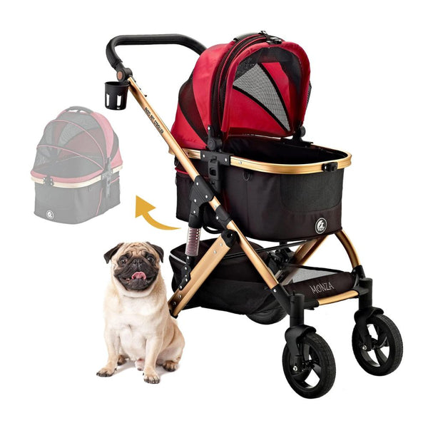 Fancy dog stroller with detachable dog carrier that can be used as a car seat for dogs. Made by Enzo Monza in red and black.