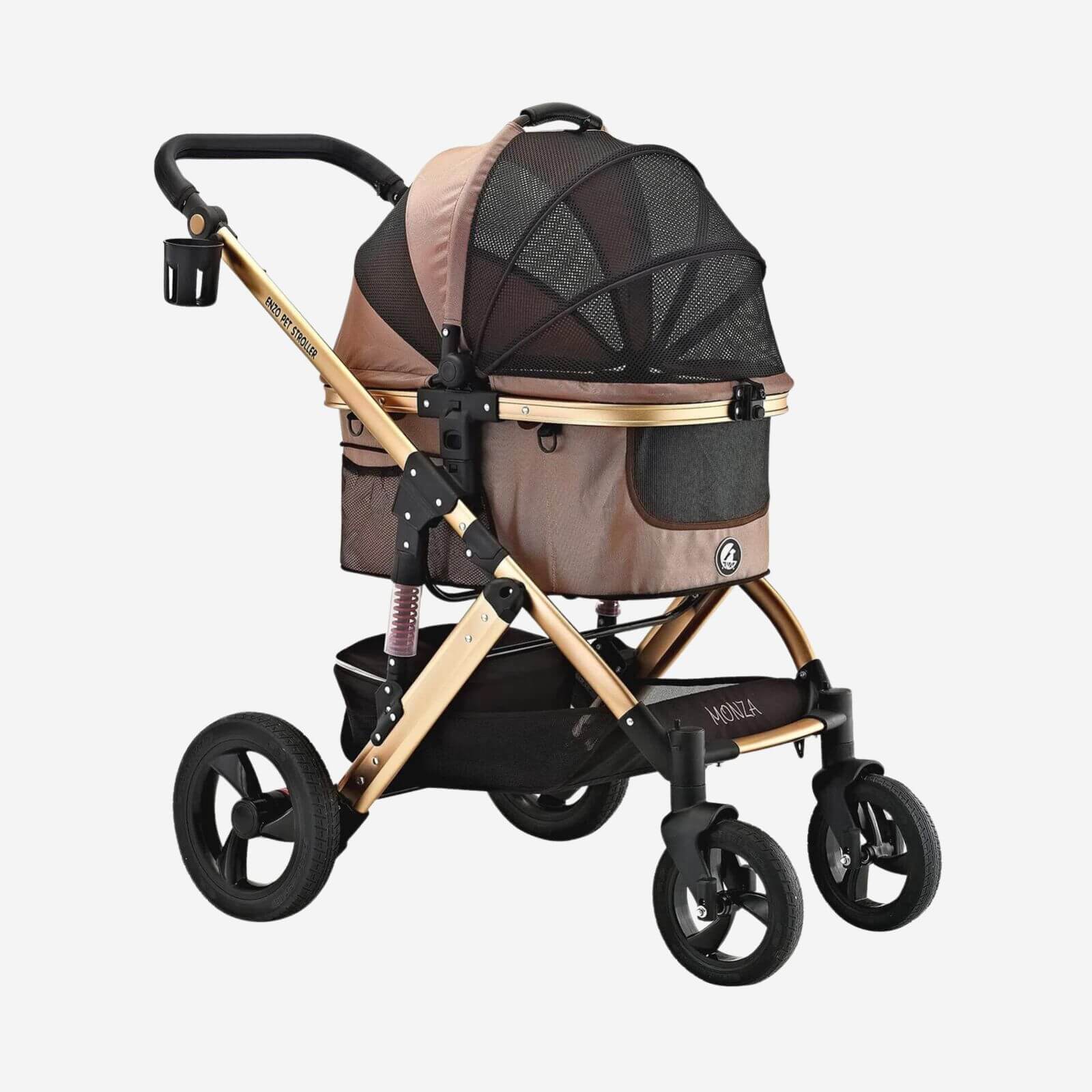 Side angle of the Enzo Monza Luxury dog stroller in rose gold.