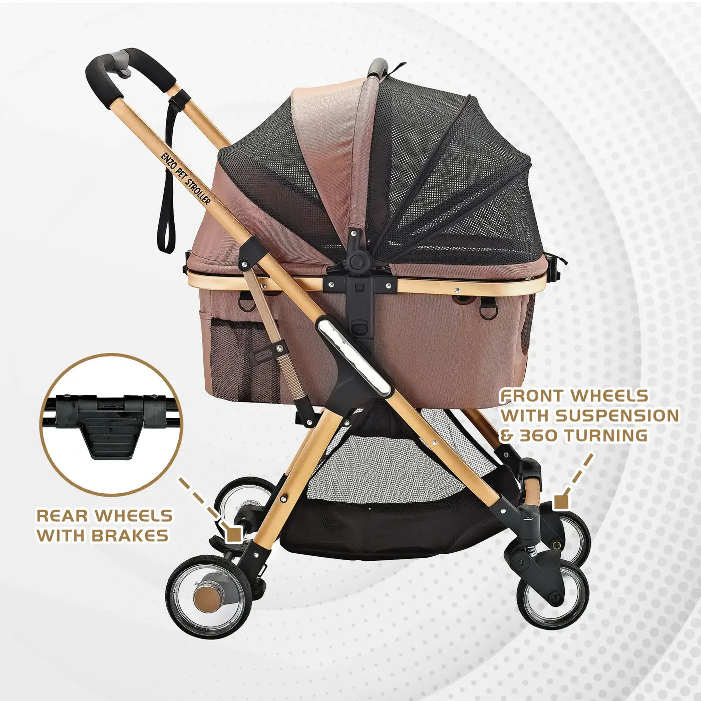 Enzo Pista Lightweight Dog Stroller, Travel Carrier, Pet Car Seat - Rose Gold