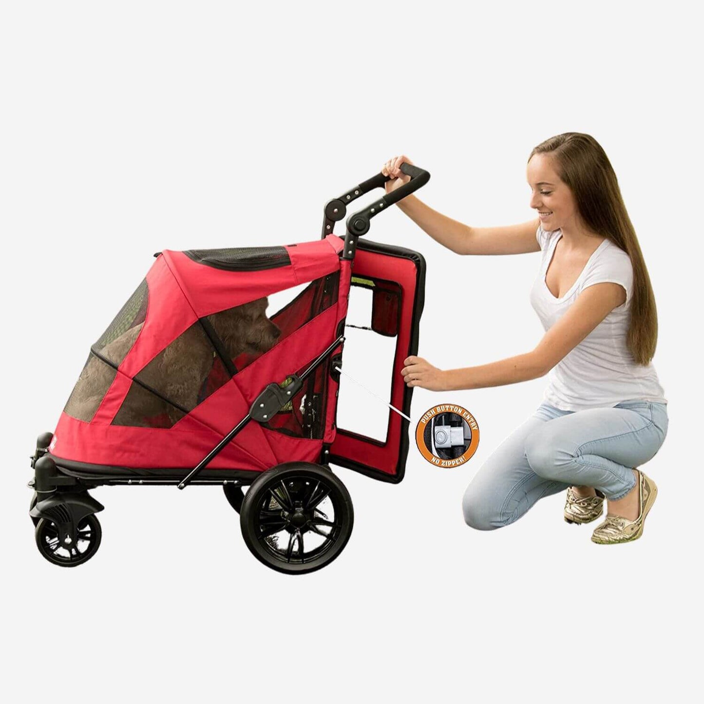 Person opening the back door of the Pet Gear Excursion dog stroller with a push of a button.