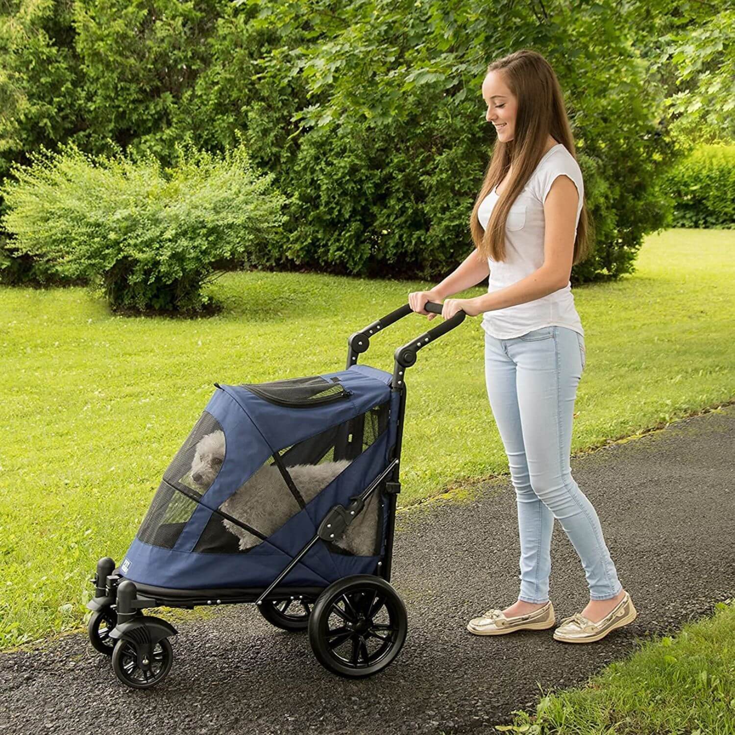 Person on a walk with the Pet Gear Excursion dog stroller for large dogs.