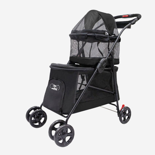 Petique Double Decker Dog Stroller in black. Features a bottom and top carriage.