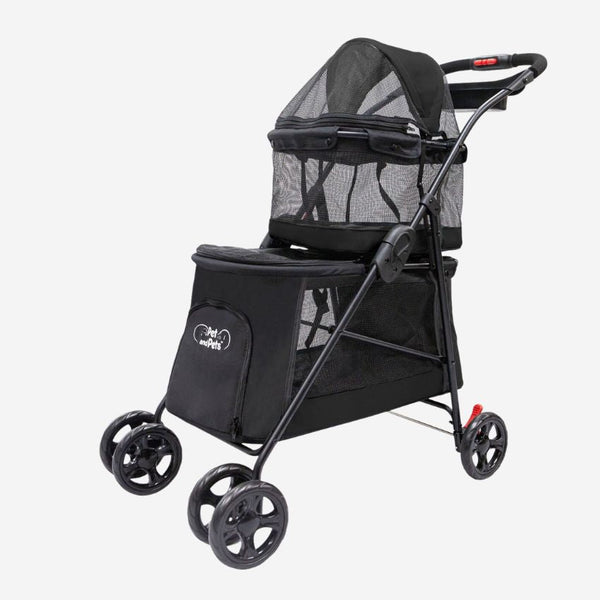 Petique Double Decker Dog Stroller in black and blue. Features a bottom and top carriage.