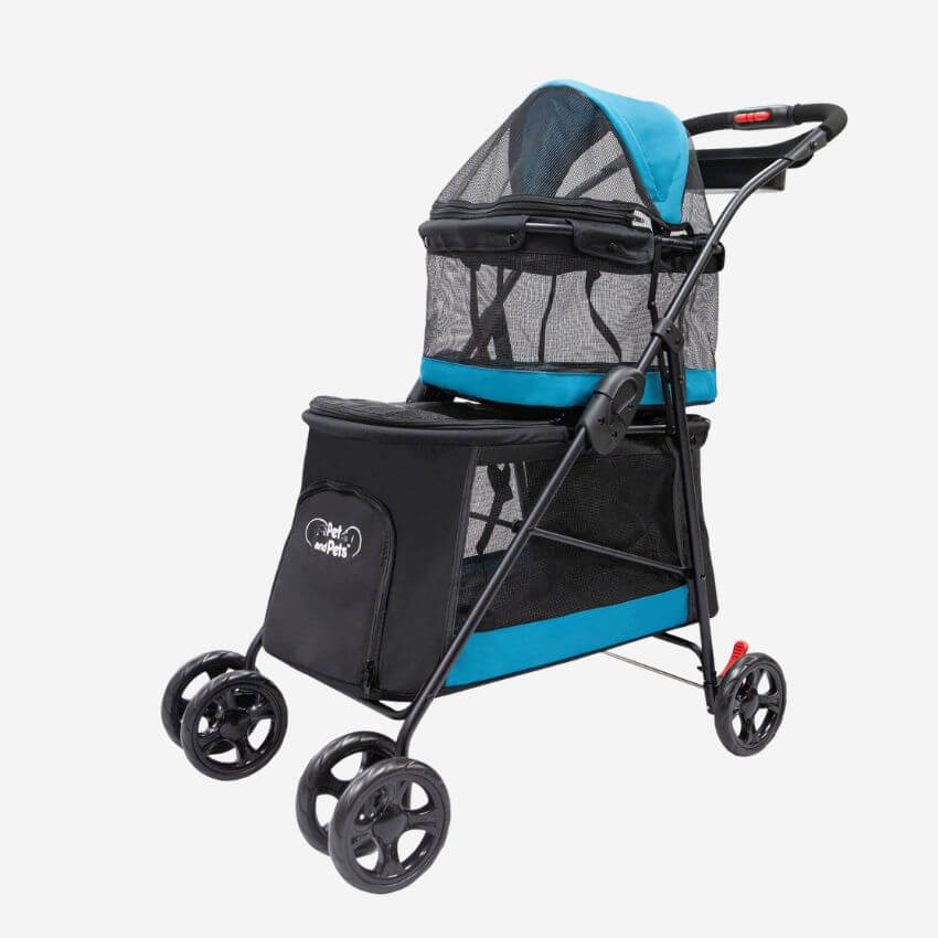 Petique Double Decker Dog Stroller in black and blue. Features a bottom and top carriage.