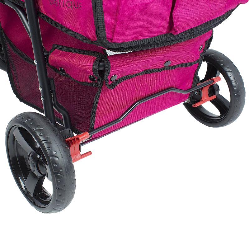 Close up of back wheels on the Petique Durable Pet Stroller for large dogs.