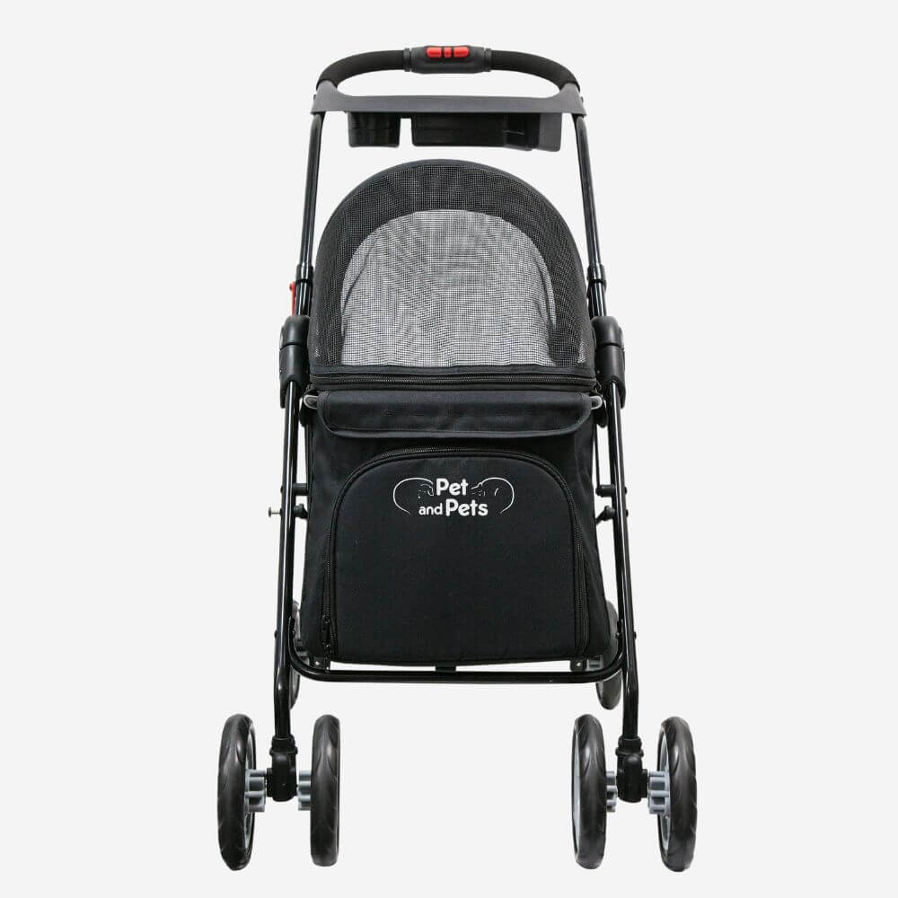 Front view of the Petique Simplicity dog stroller in black.