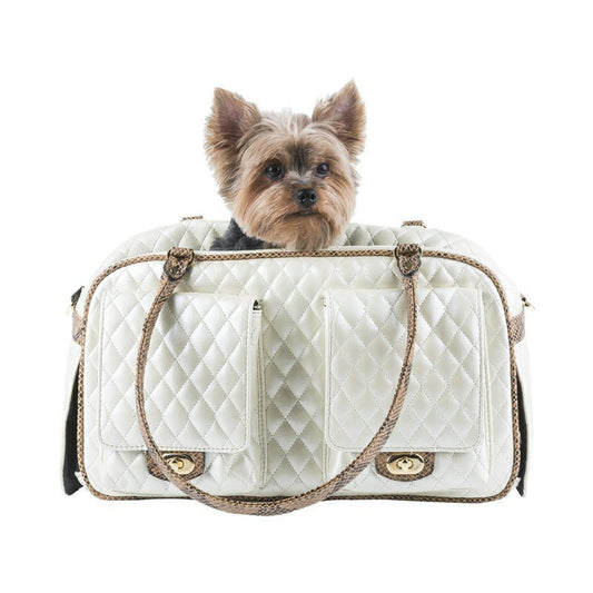 Marlee Dog Carrier Ivory Quilted with Snake Trim