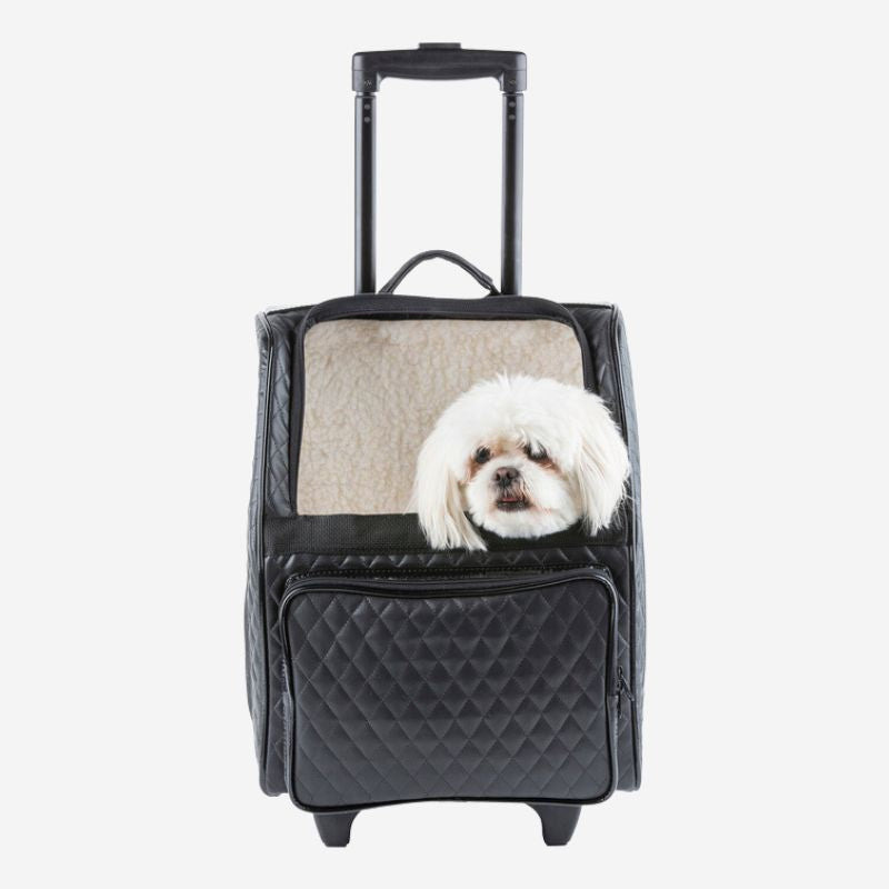 Petote Rio Classic dog carrier carry-on luggage featuring a small dog inside the bag with it's head peaking out.