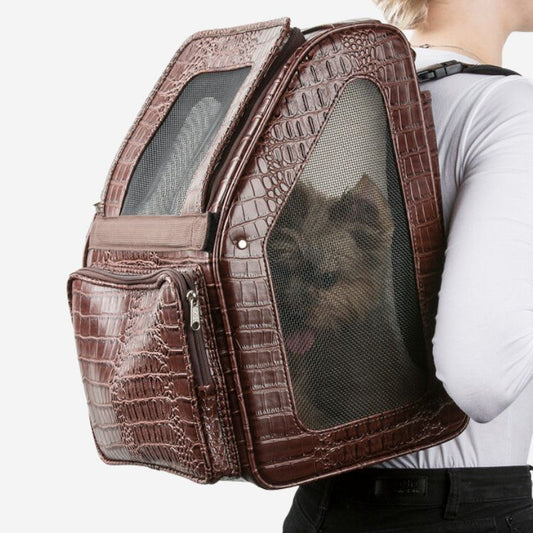 Small dog sitting inside Petote Pet Carrier in brown faux crocodile material.