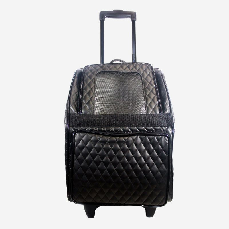 Petote Rio black quilted dog carrier that has wheels and an extendible handle.