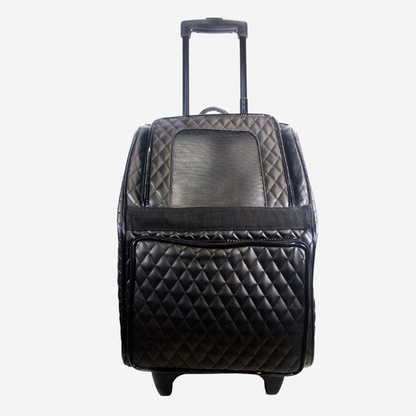 Petote Rio Classic dog carrier carry-on luggage featuring a small dog inside the bag with it's head peaking out.