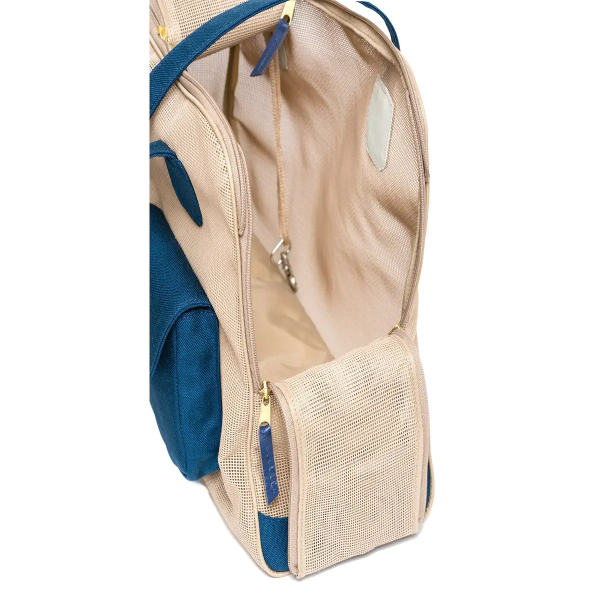 Canine Styles Dog Carrier All Mesh See-Through - Beige w/ Blue Canvas Trim