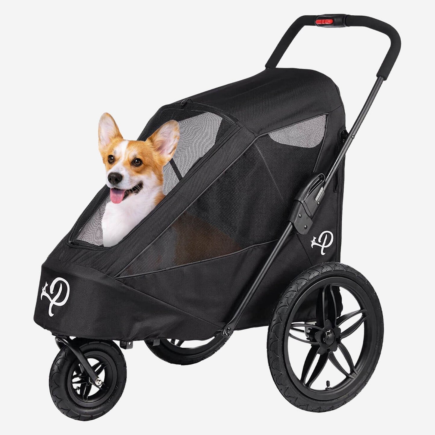 A corgi sitting inside a black Petique Breeze dog stroller.