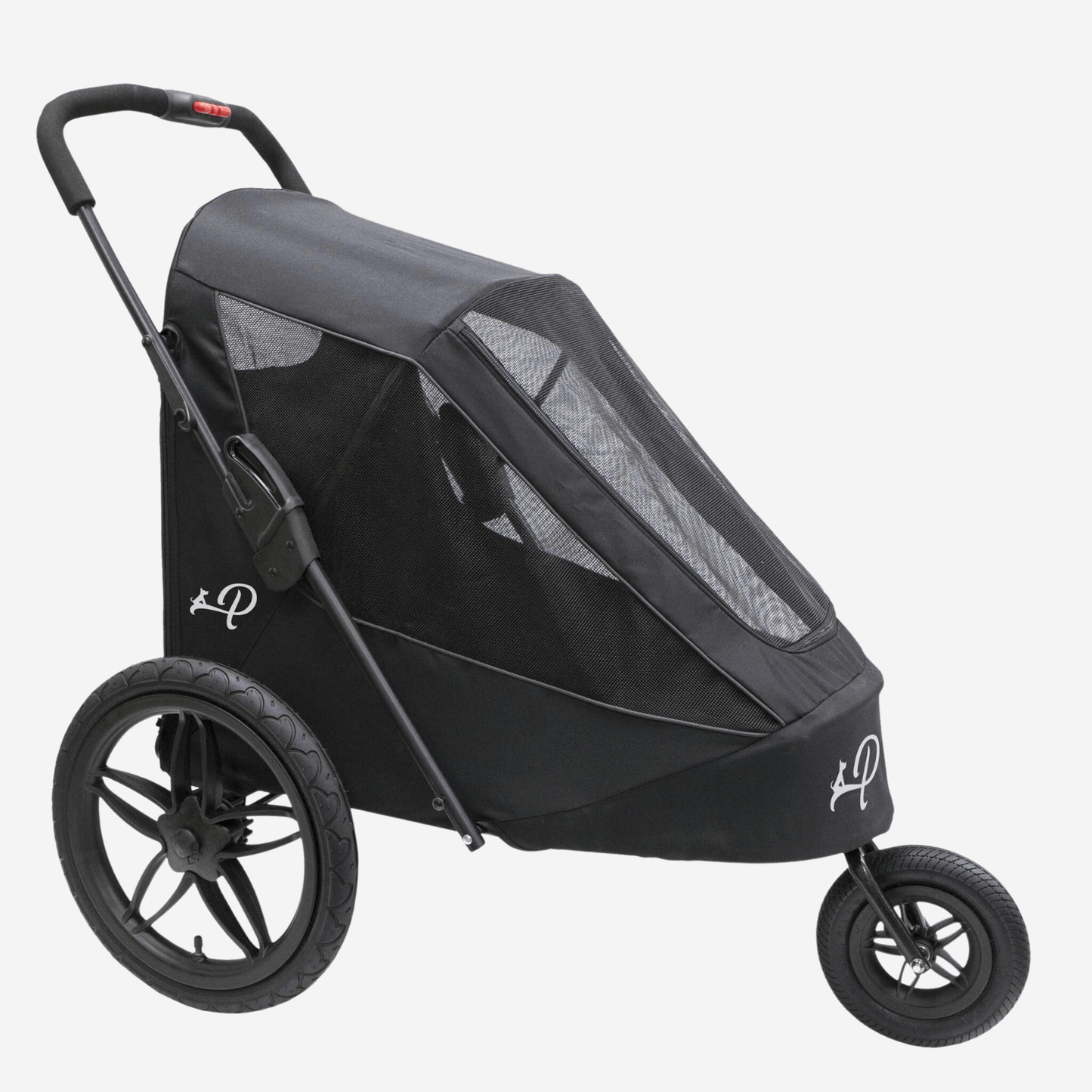 Side view of Petique Breeze dog jogger with three wheels in black.