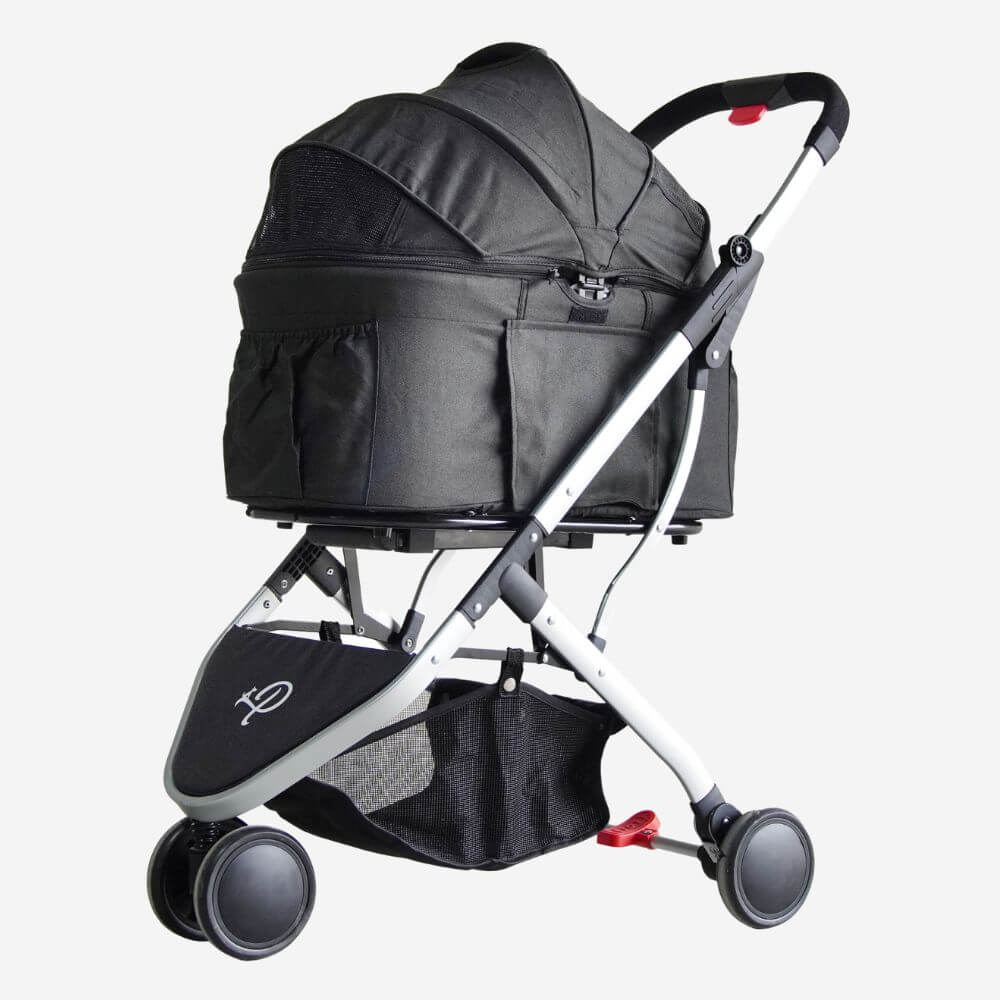 Side view of the Petique Newport dog stroller with a removable carrier in black.