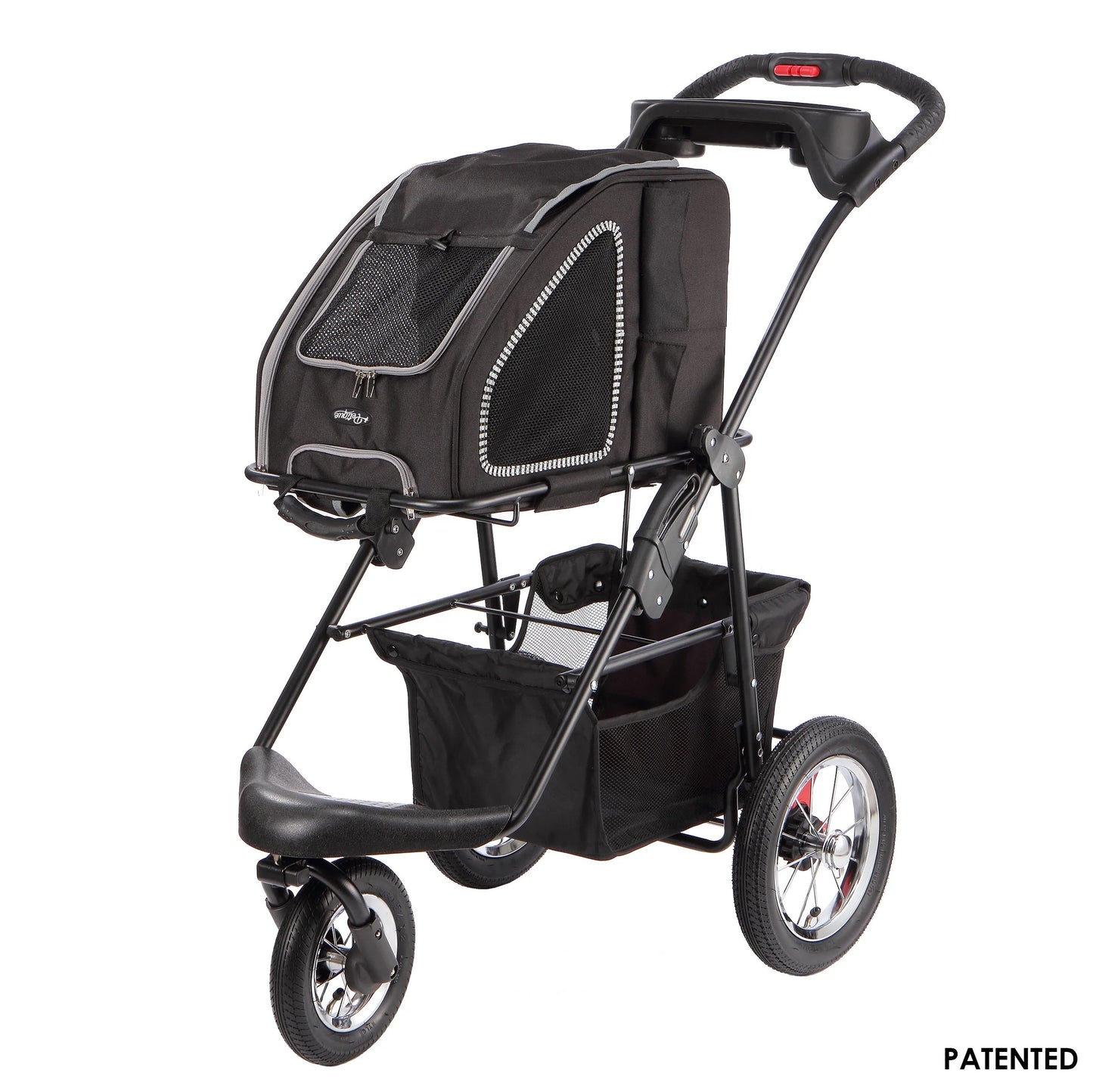 Petique dog stroller in black with a detachable pet carrier.