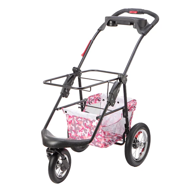 Petique dog stroller frame only featuring pink camo storage basket at bottom of stroller.