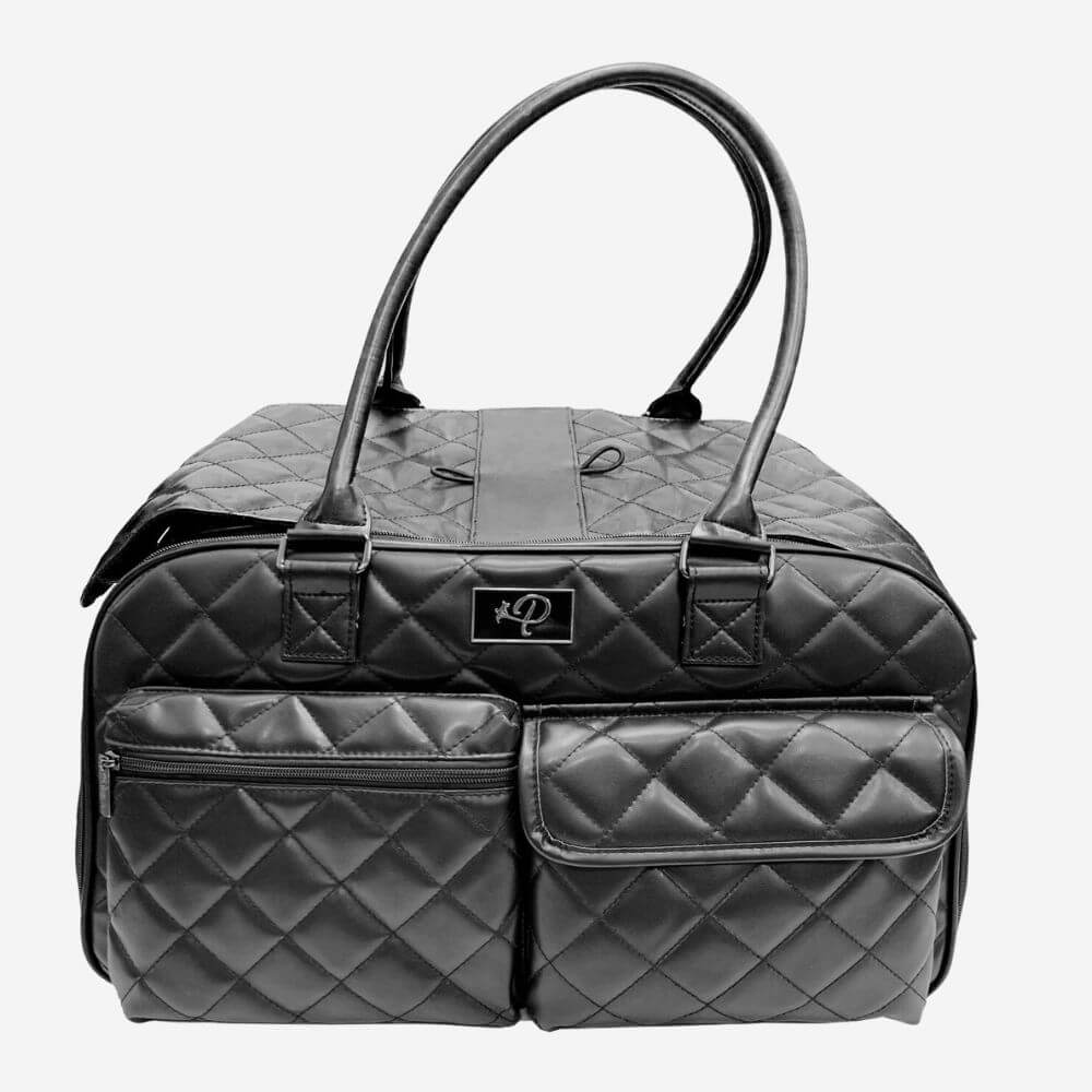 Front view of the Petique Lux Pet Carrier in quilted black faux leather material.