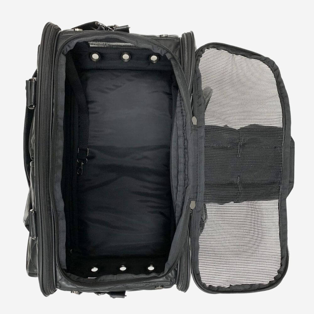 Inside view of the Petique Lux Pet Carrier travel bag featuring removable patented pee pad insert mat