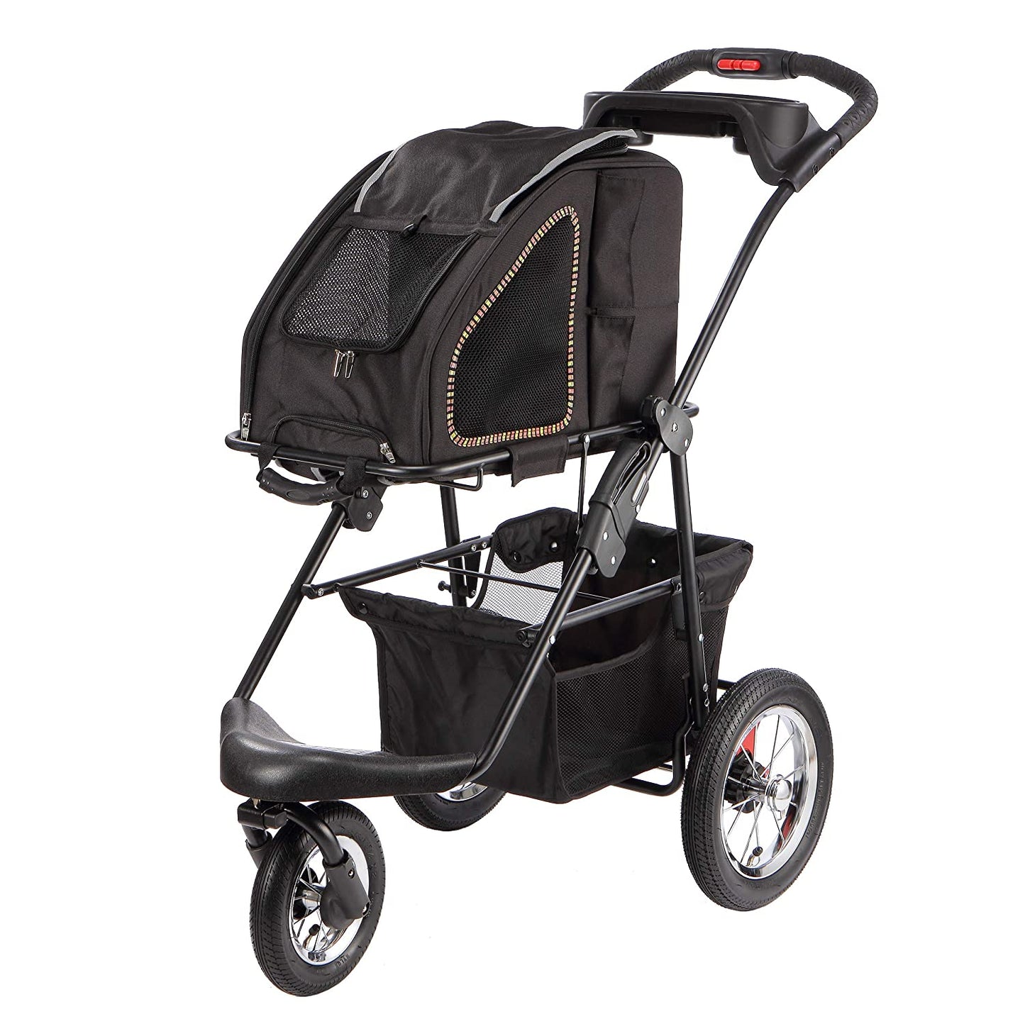 Petique dog stroller in black with orange and yellow trim. Featuring a detachable pet carrier and storage basket at bottom.