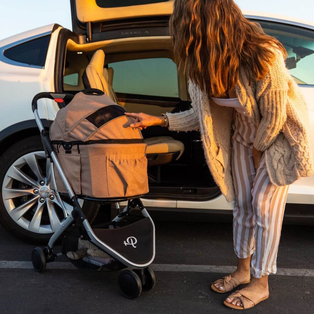 Woman checking on her dog sitting inside the Petique Newport pet stroller.