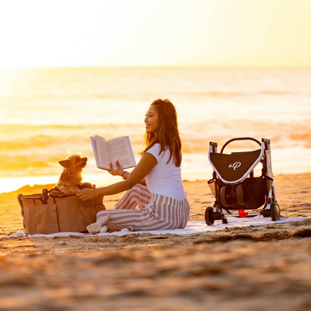 Woman sitting on the beach with her dog inside the Petique Newport dog carrier.