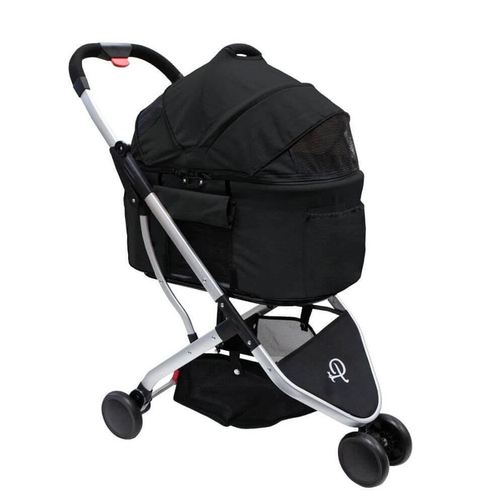 Side view of the Petique Newport dog stroller with the detachable dog carrier in black.