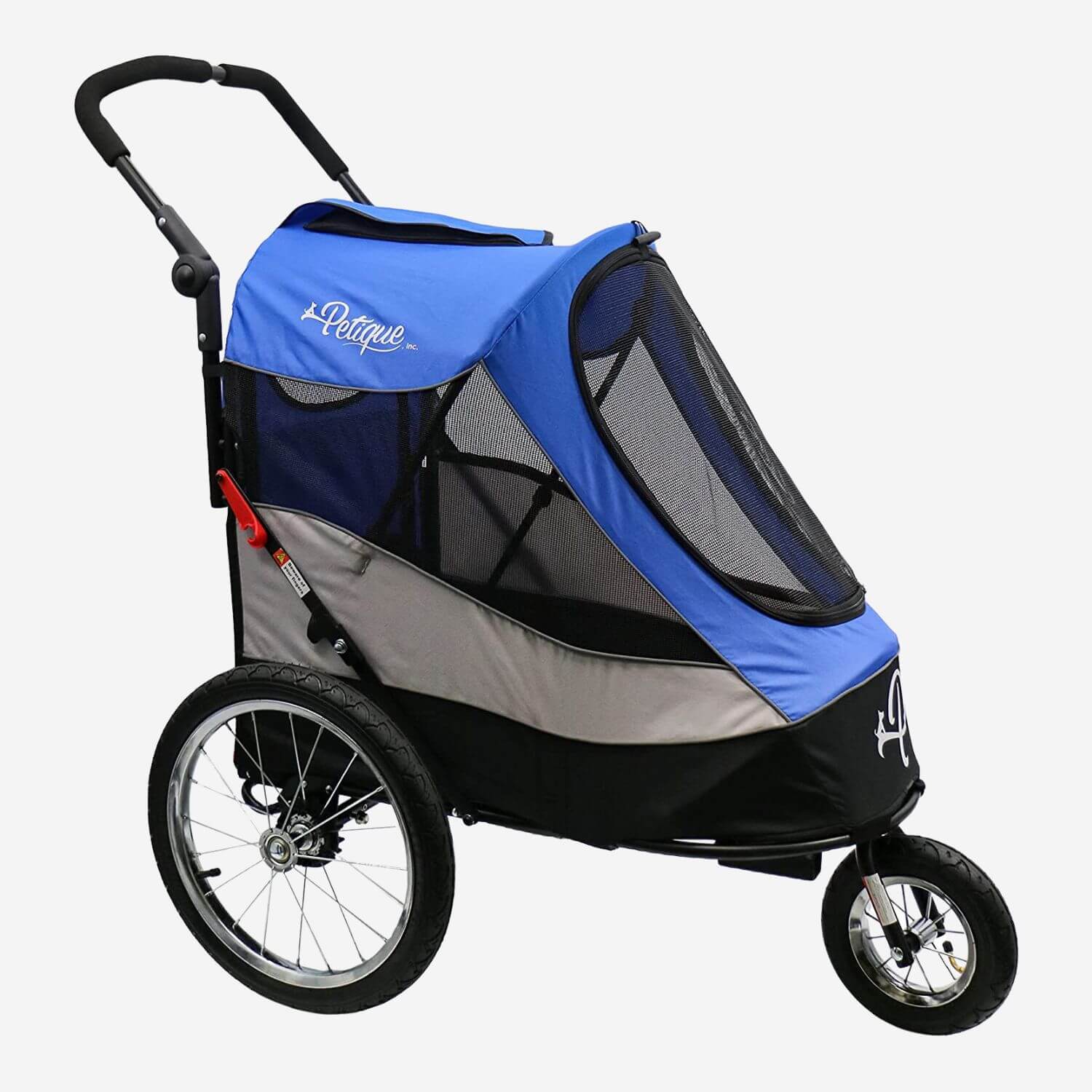 Petique Trailblazer dog stroller with three mesh windows in blue.