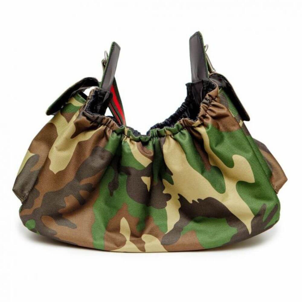 Petote Gigi sling modern dog carrier in green camo.