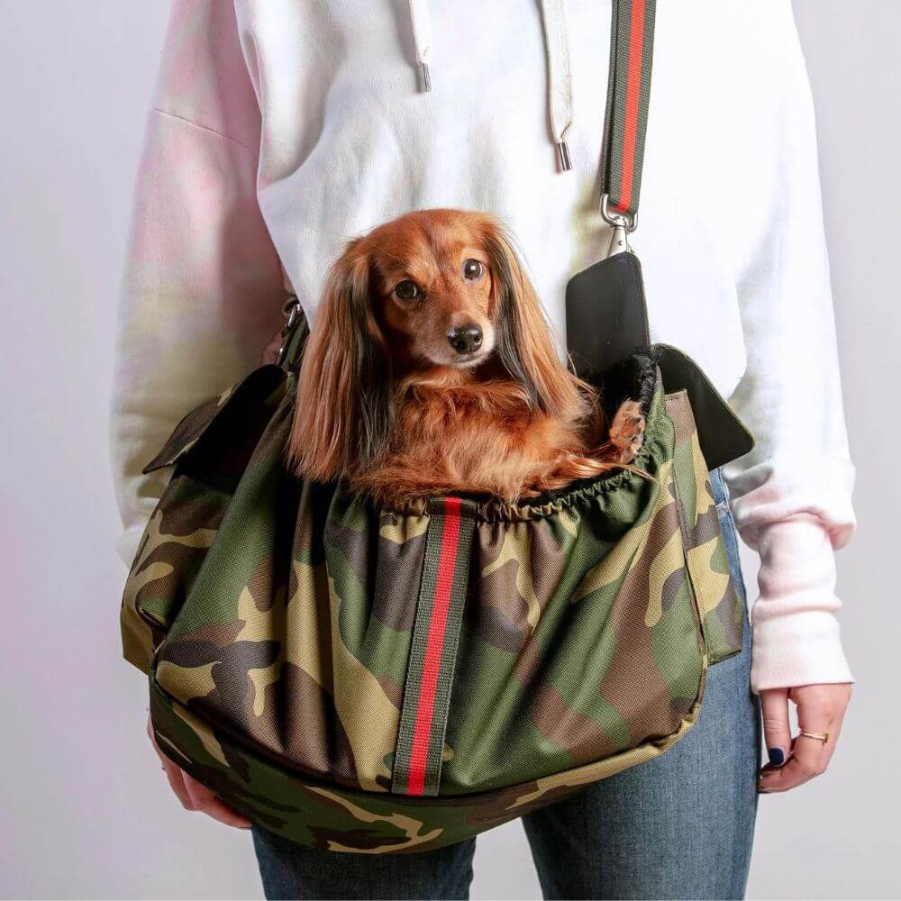 Dachshunds inside a Petote GIgi sling modern dog carrier in green camo.