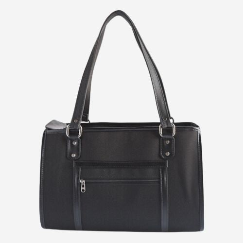 Petote Payton modern dog carrier purse in black with zippered pocket.