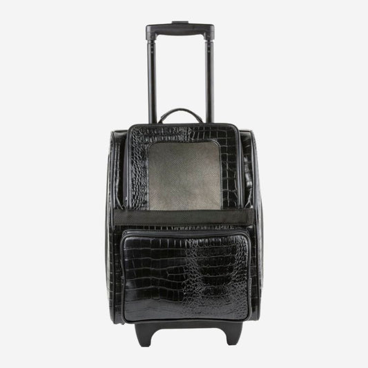 Petote dog carrier on wheels with telescopic handle in black crocodile look material.